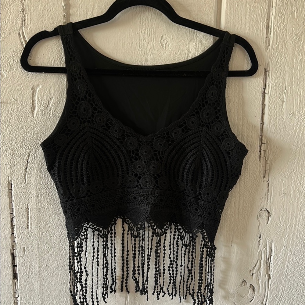 Black Crochet Fringe Crop Top